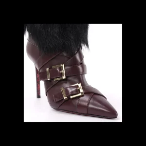 STIVALE CESARE PACIOTTI IN PELLE BORDEAUX CON FIBBIE E PELLICCIA